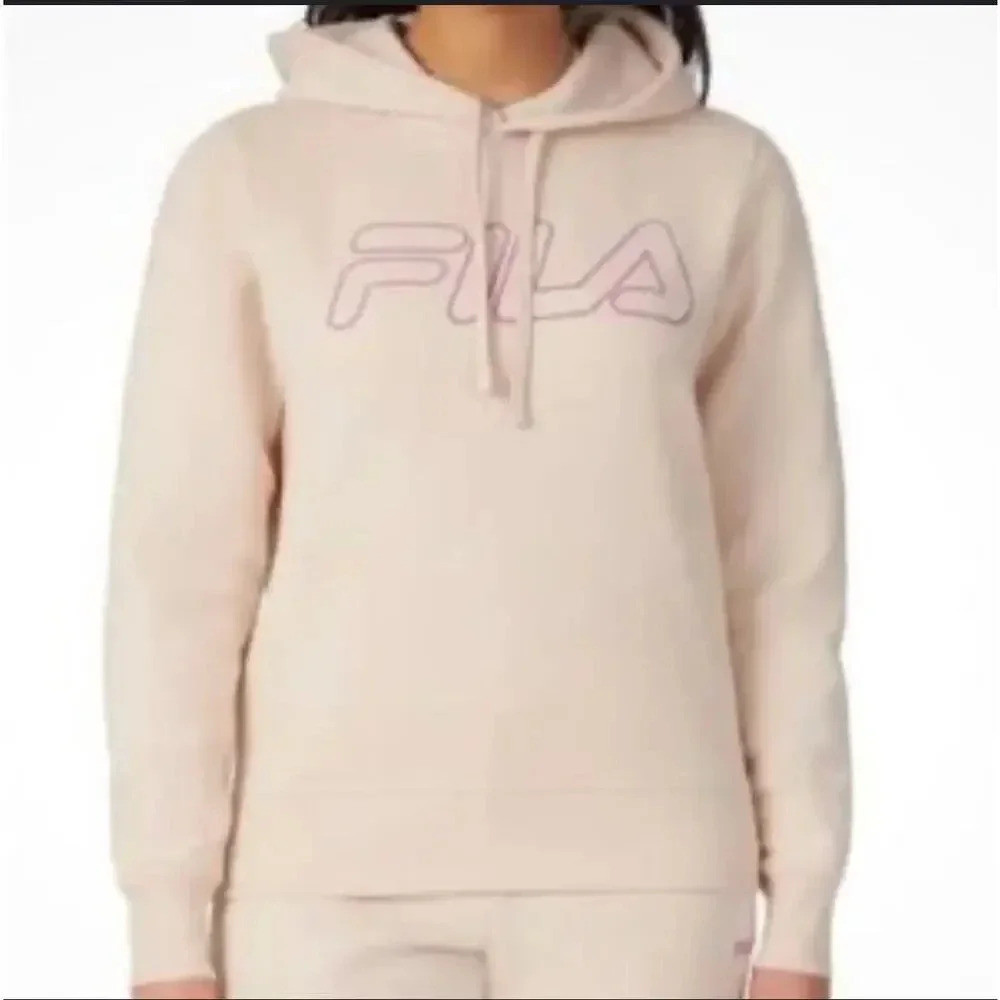 Fila Hooded Sweatshirt Beige with Pink Logo Relaxed Fit Size Medium